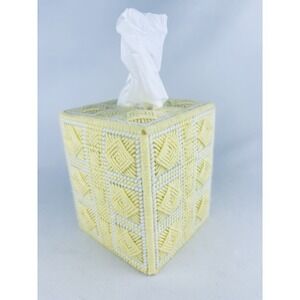 Knitted Stitched Crochet Tissue Box Cover Vintage Yellow  Cream Handmade Decor